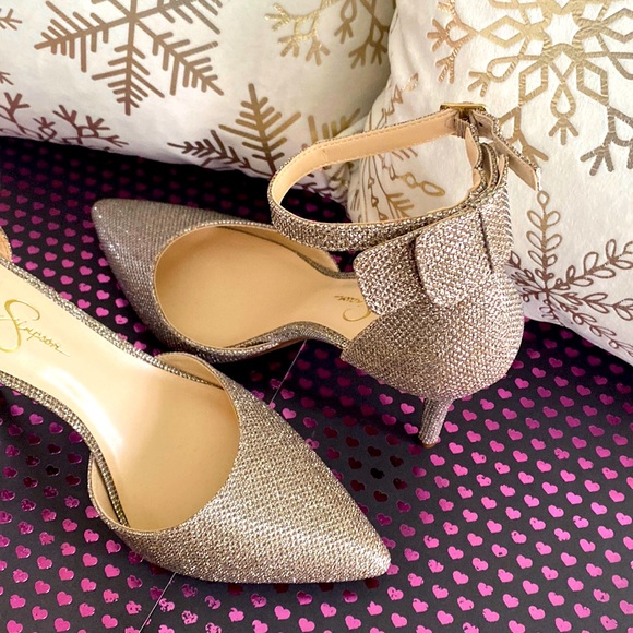 Jessica Simpson 'Lana' 3-1/2" Glittery ‘Bling’ Strappy Heels w/ Bows, Si… - Picture 6 of 16